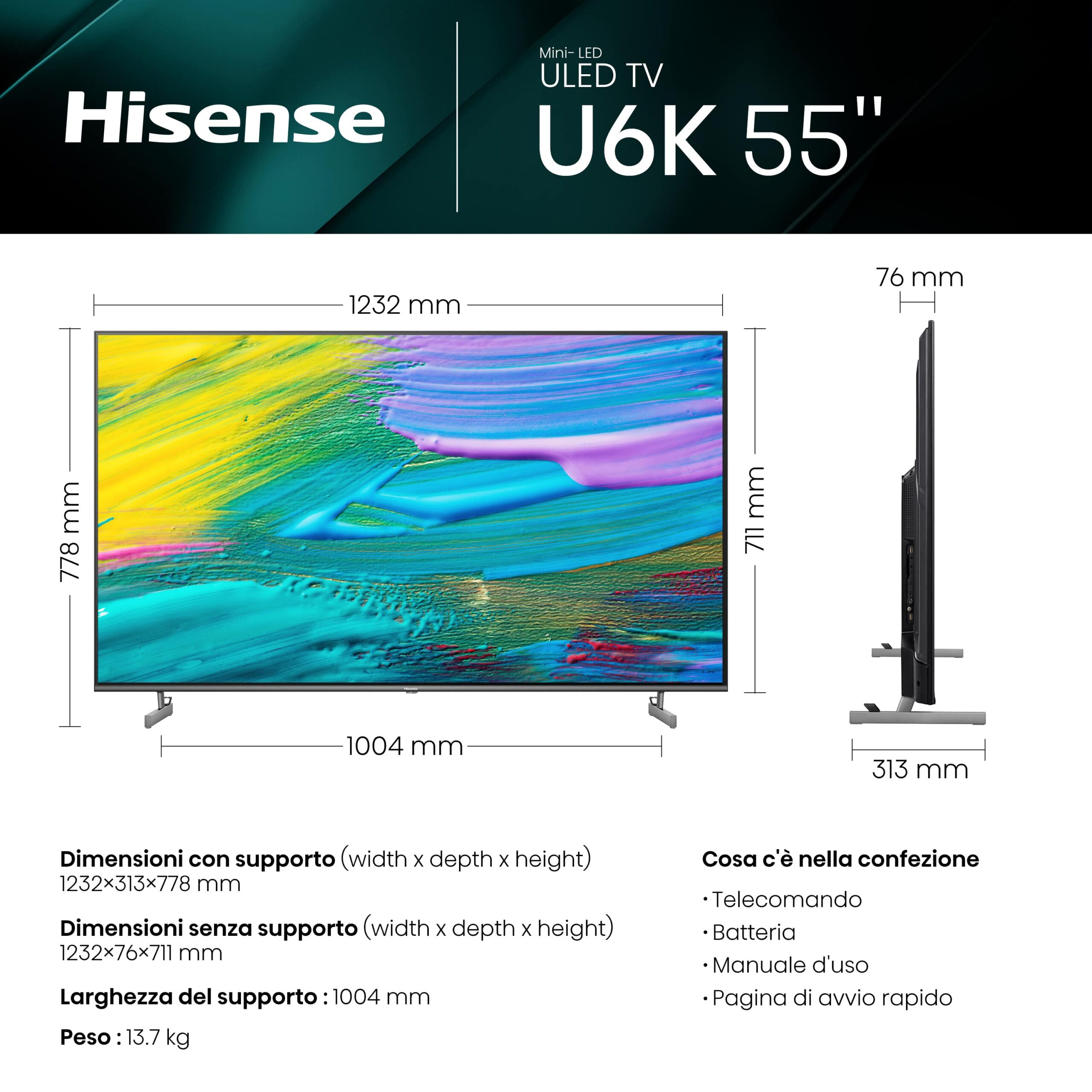 Scopri il TV mini LED 4K UHD 55 pollici U6K Hisense Italia